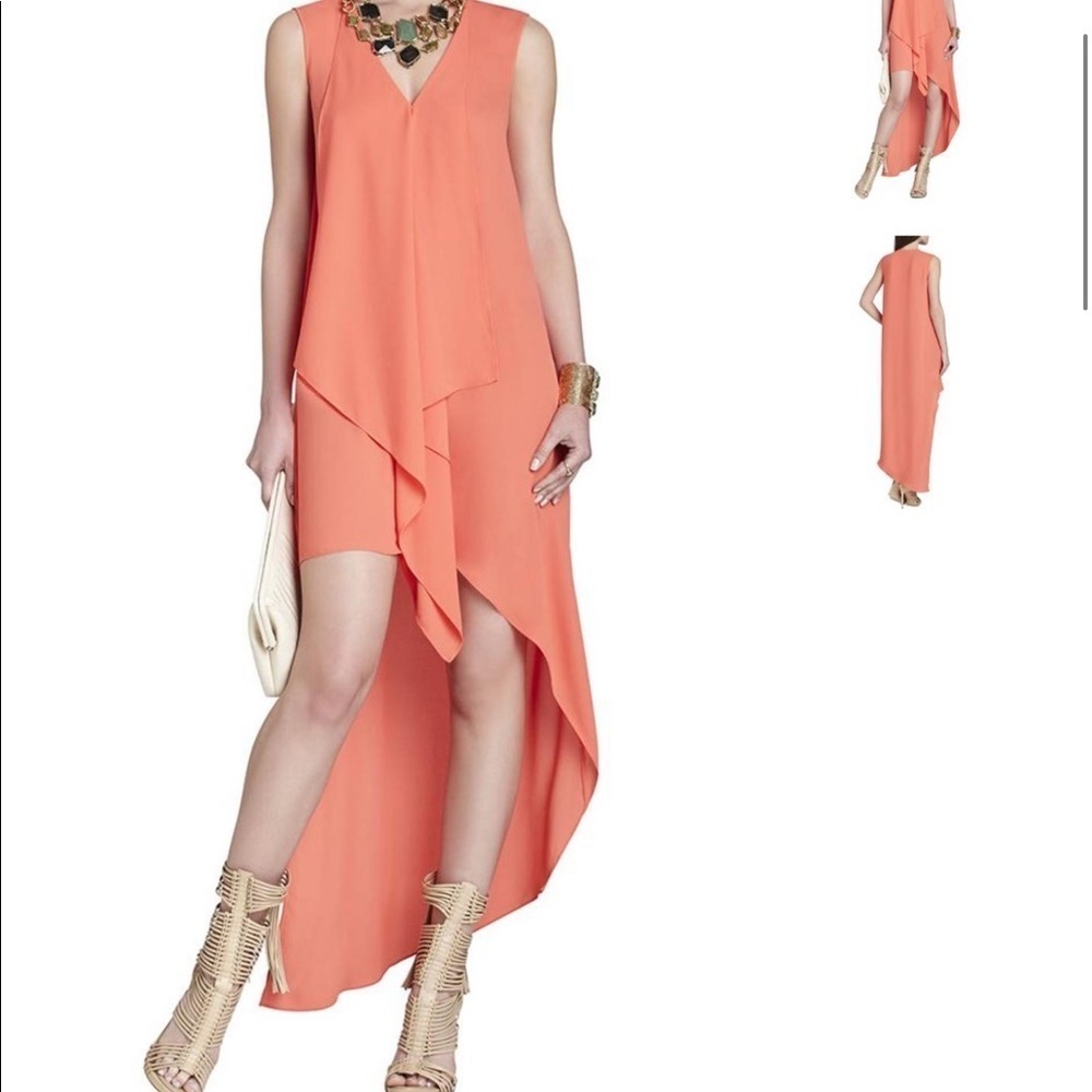 BCBGMAXAZRIA TARA CASCADE DRESS V NECK‎ DRAPED OVERLAY HIGH LOW DRESS MEL…